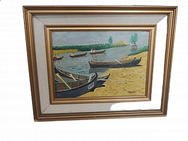 Pierluigi Allegrini, barche, olio su tela, anni '80