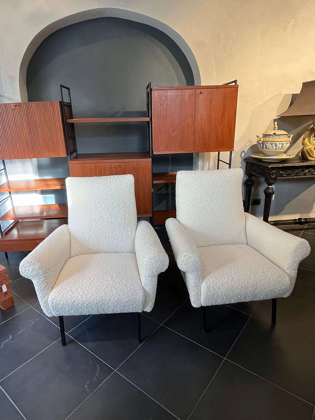 Pair of bouclé wool armchairs, 1970s 1