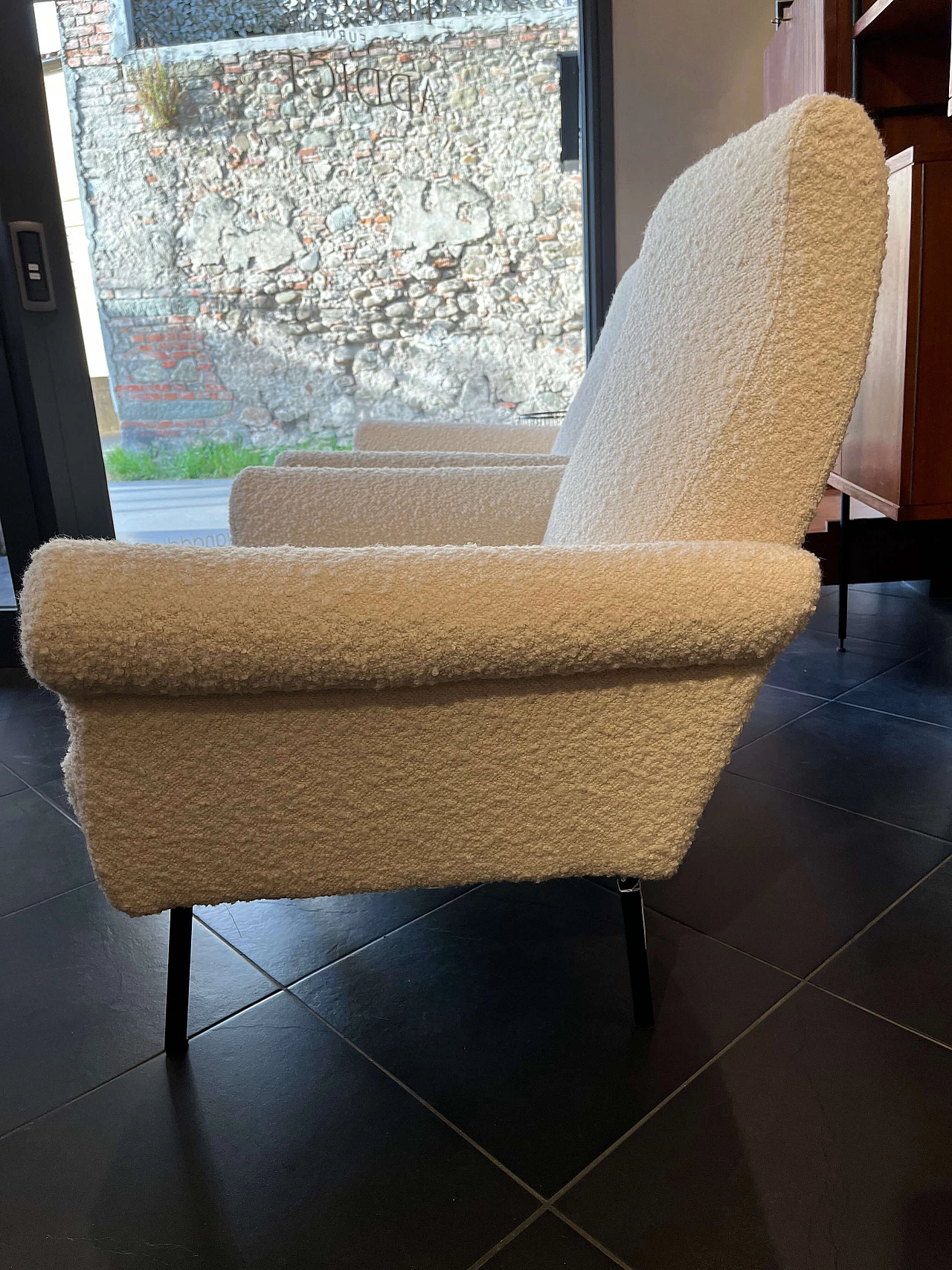 Pair of bouclé wool armchairs, 1970s 2