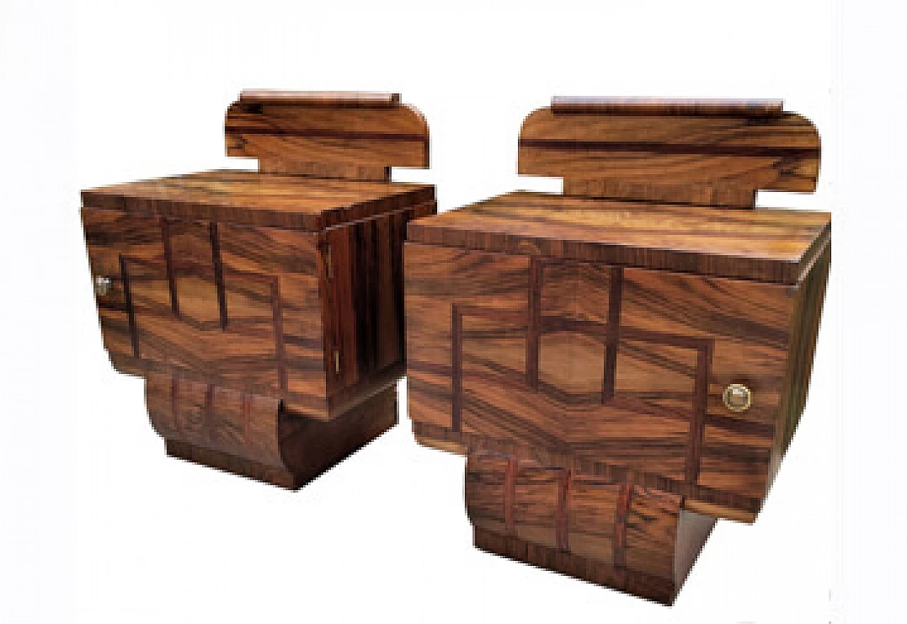 Pair of Art Decò burl bedside tables with inlays, 1940s 20