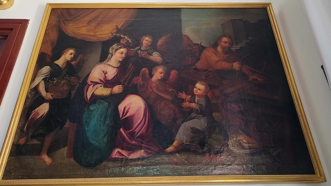 La Sacra Famiglia ed i tre angeli, olio su tela, '700 7