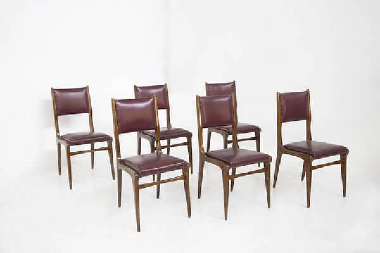 6 Wood and red leather chairs attributed to Carlo De Carli, 1950s 1