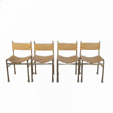 4 Brass and leather chairs by Desio Production for Frigerio, 1970s