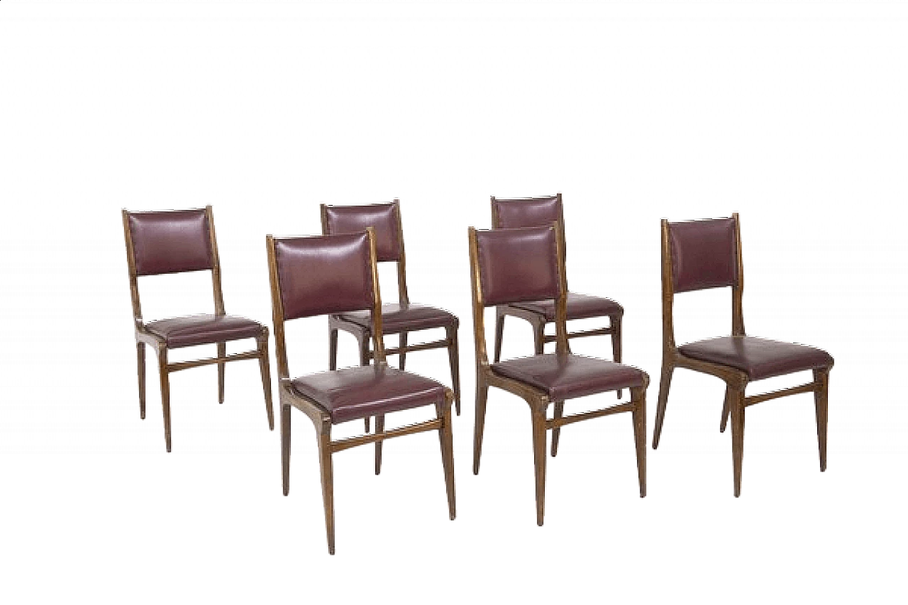 6 Sedie in legno e pelle rossa attribuite a Carlo De Carli, anni '50 13