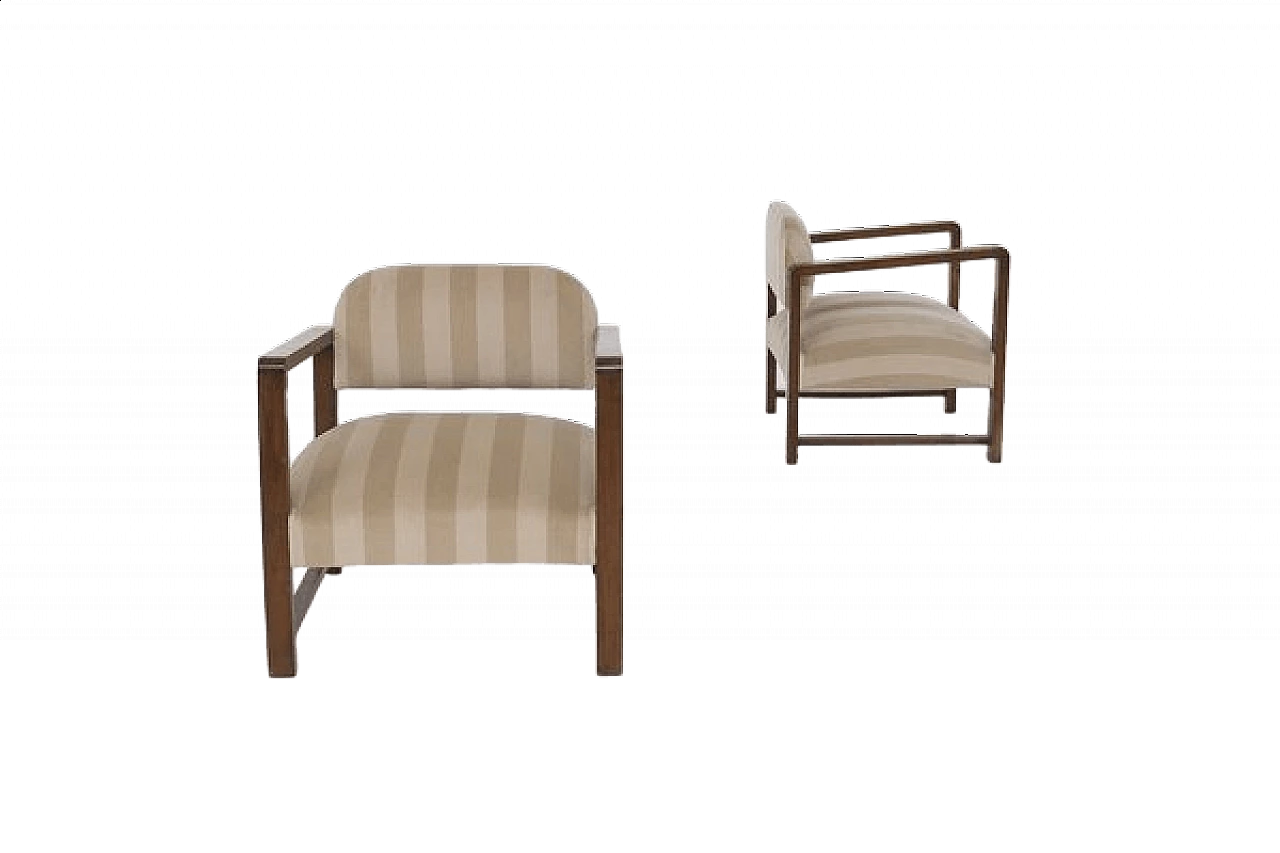 Pair of wood and fabric armchairs, 1950s 9