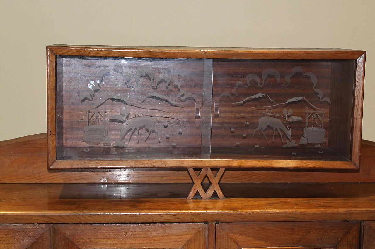 Wooden sideboard with decorated glass panel, 19th century 1