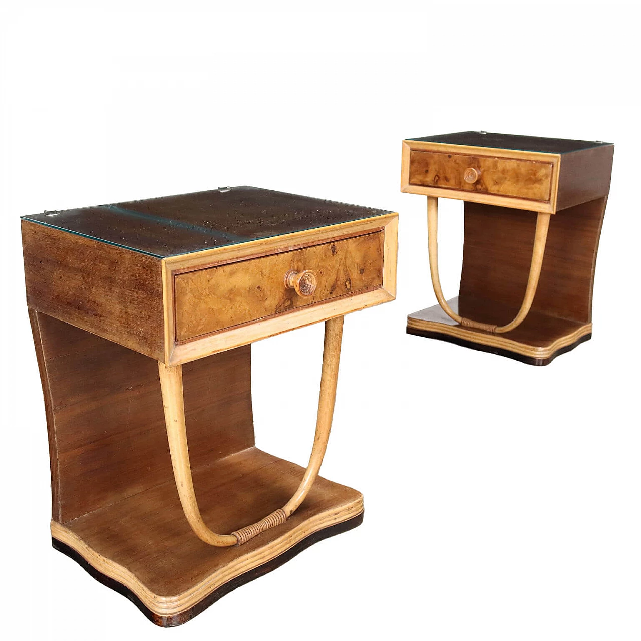 Pair of bedside tables in beech and walnut Art Decò, 1930s. 1
