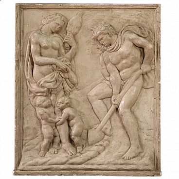 Adam and Eve at work, plaster bas-relief, 1960s