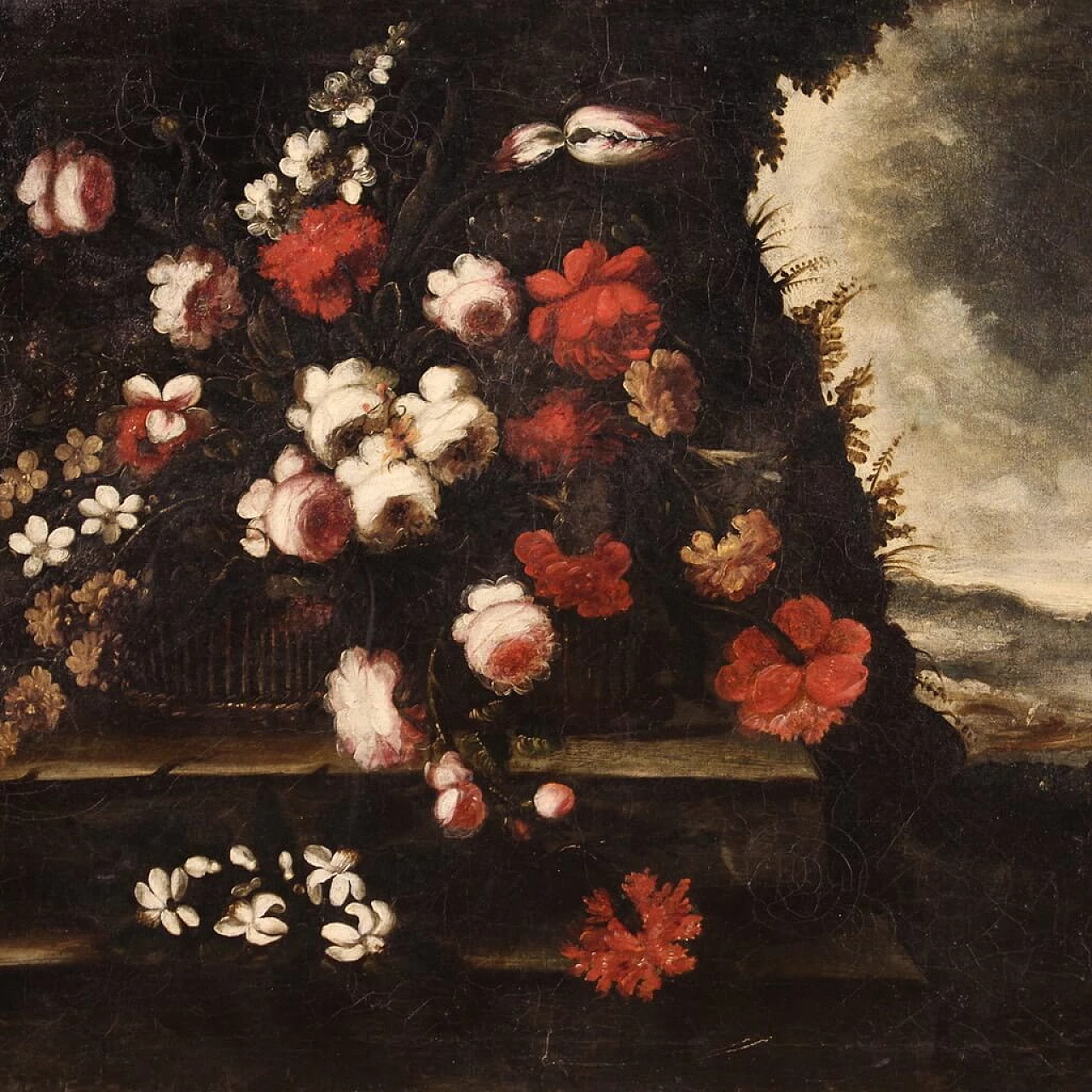 Natura morta con fiori rossi e bianchi, olio su tela, inizio '700 1