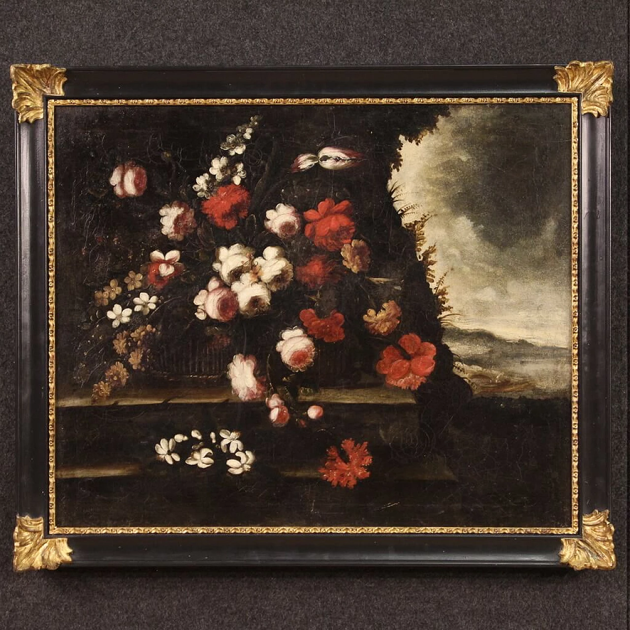 Natura morta con fiori rossi e bianchi, olio su tela, inizio '700 2