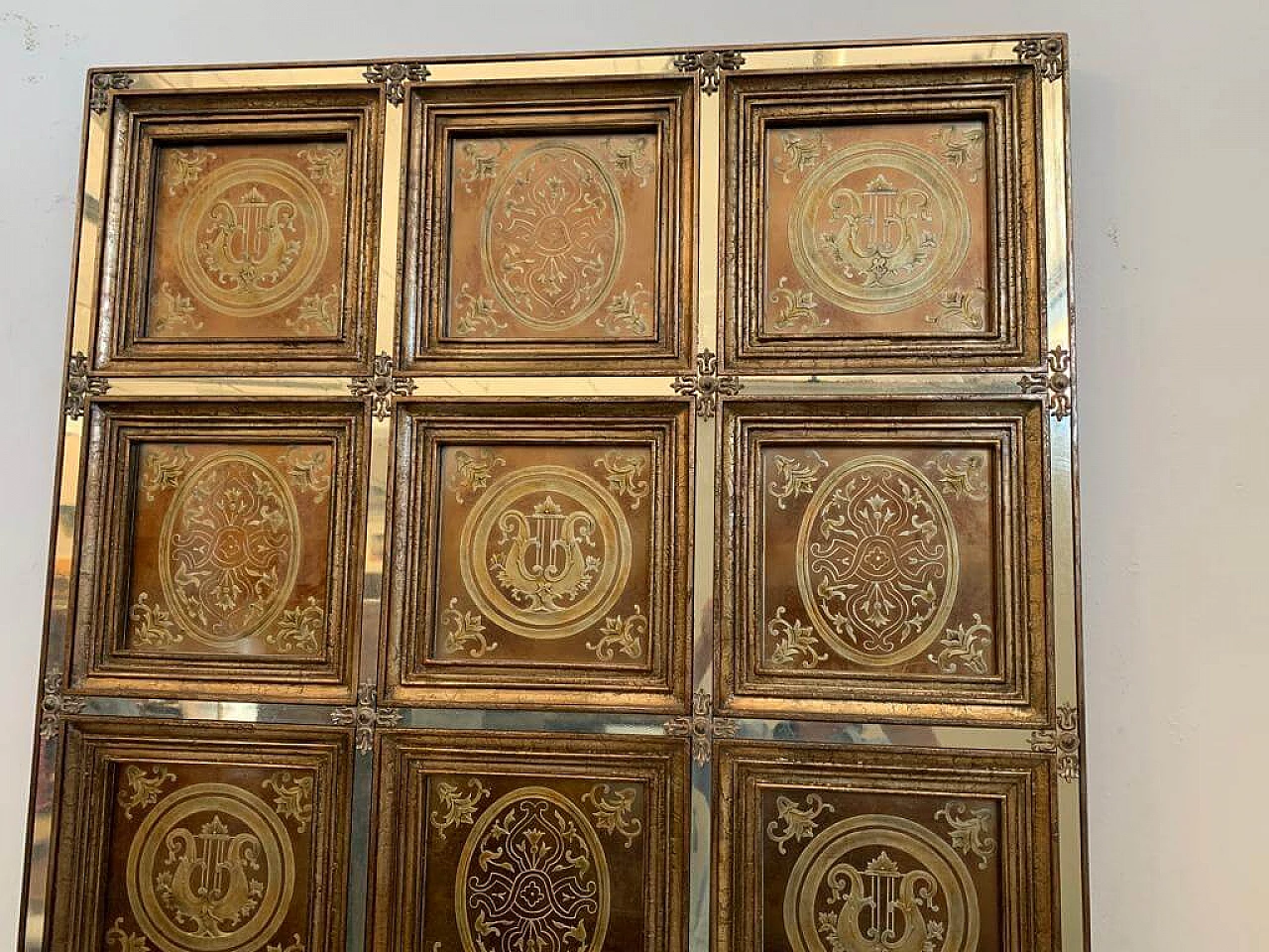 Decorative engraved and gilded mirror panel with lacquered frame, 1990s 5