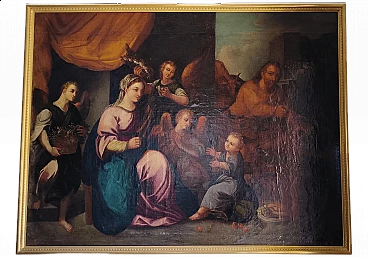 La Sacra Famiglia ed i tre angeli, olio su tela, '700