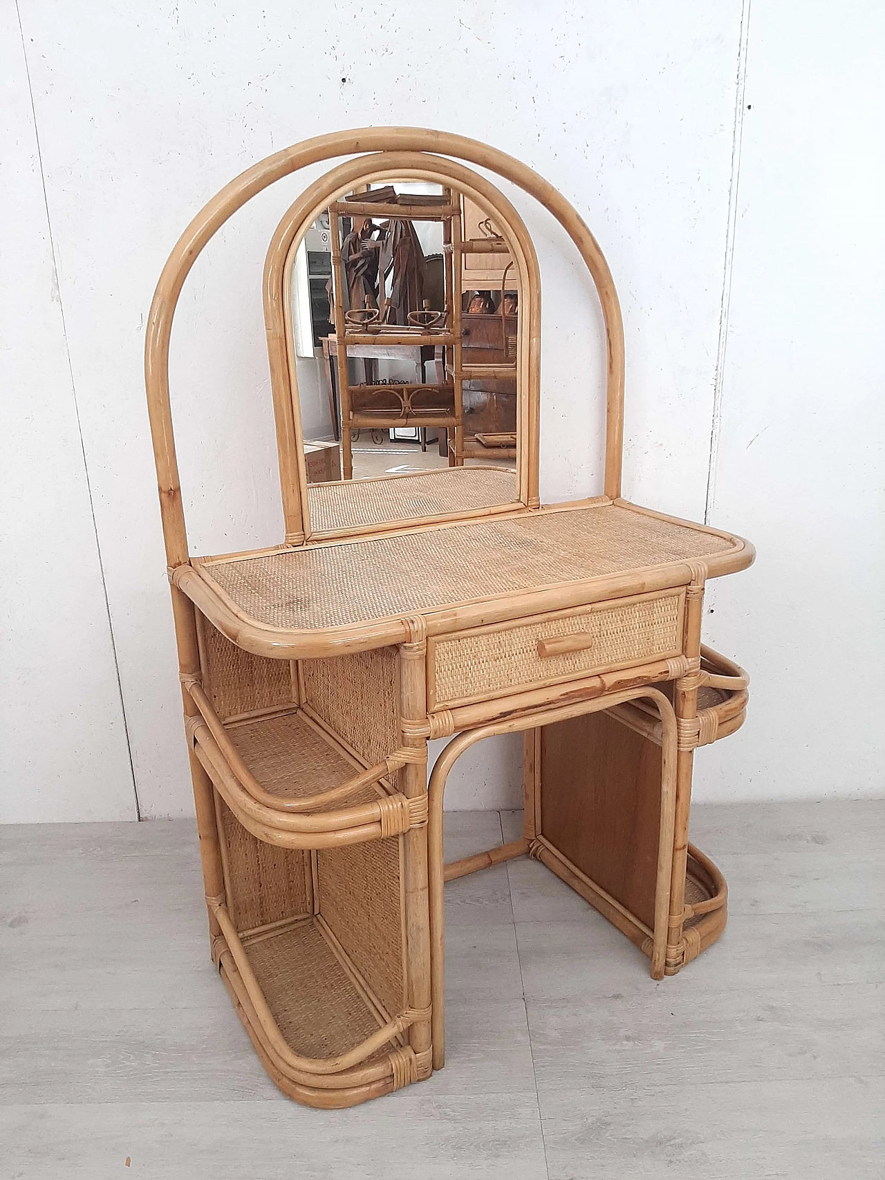 Bamboo dressing table with mirror and drawer, 1970s 1