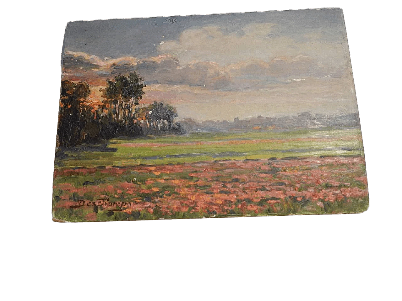 Des Champs, sunset on field, painting on wood, early 20th century 15