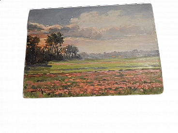 Des Champs, sunset on field, painting on wood, early 20th century