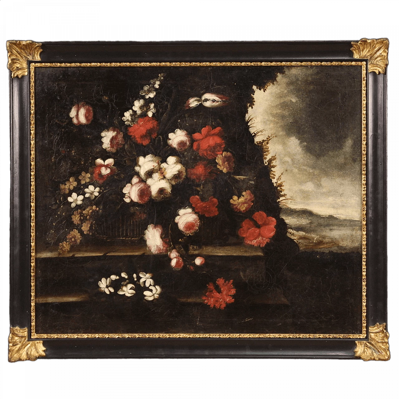 Natura morta con fiori rossi e bianchi, olio su tela, inizio '700 13