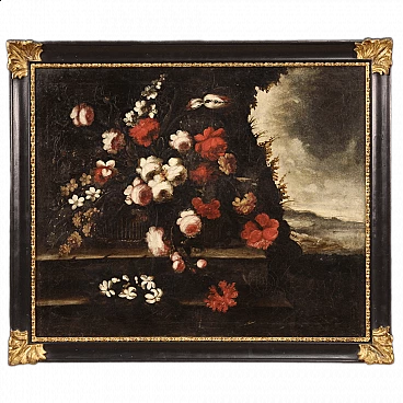 Natura morta con fiori rossi e bianchi, olio su tela, inizio '700