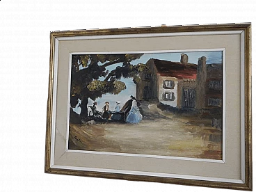 Parolin, house with women in the garden, oil on canvas, 1960s