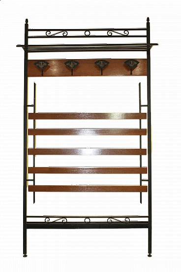 Art Deco metal and wood wall-mounted coat rack, early 20th century