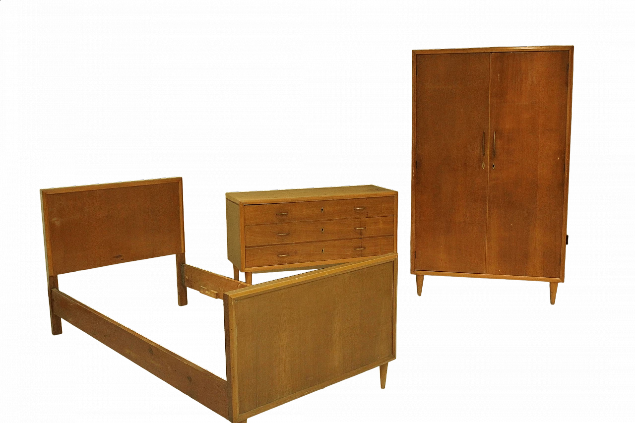 Letto, cassettiera e armadio in legno, anni '60 9