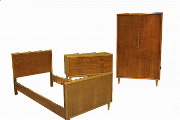 Wooden bed, chest of drawers and closet, 1960s