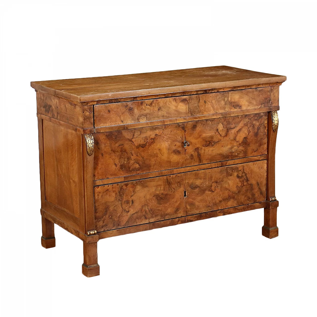 Comò in stile Restaurazione con ottone e impiallacciatura di radica di noce, '800 1