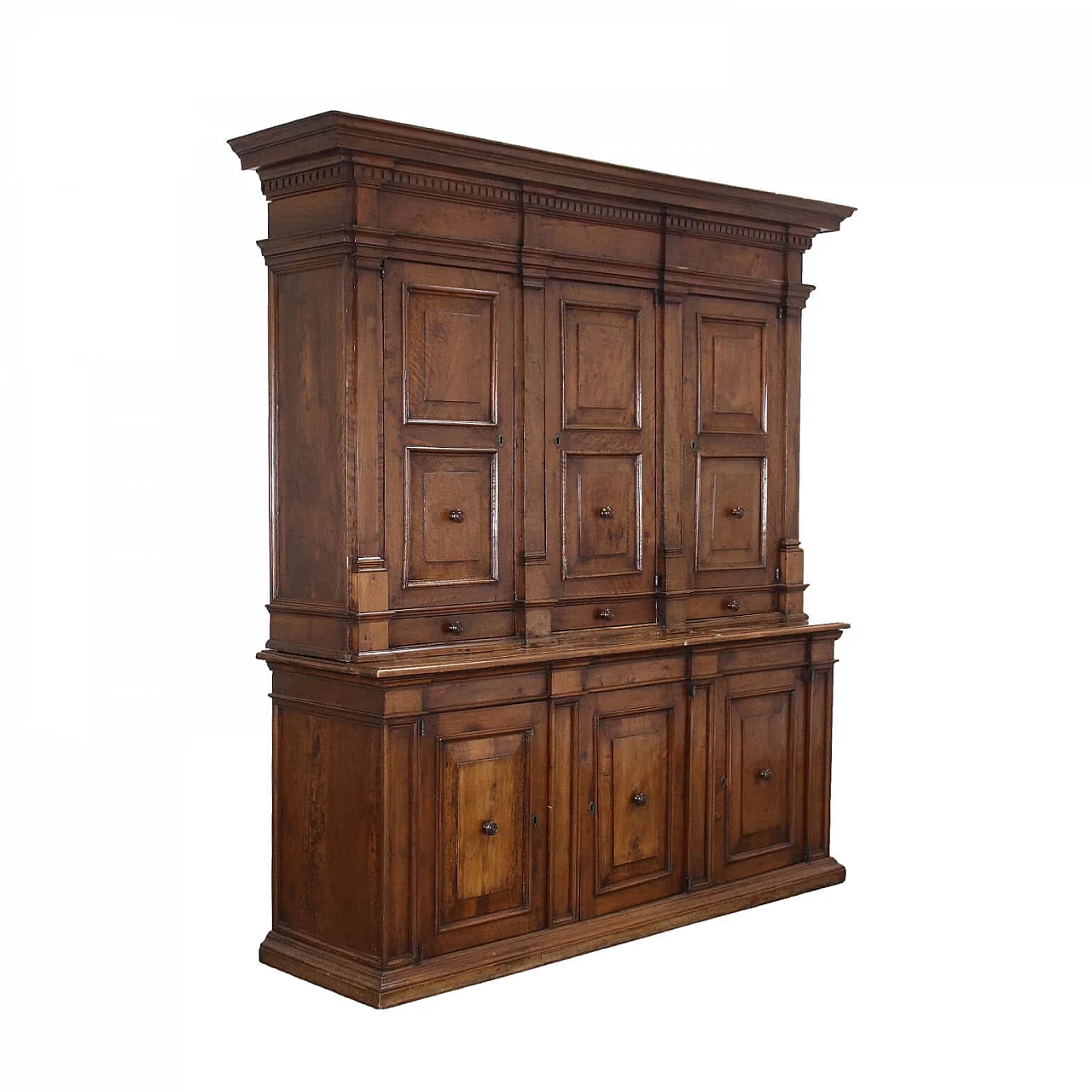 Two-body walnut sideboard with brushed doors and drawers 1