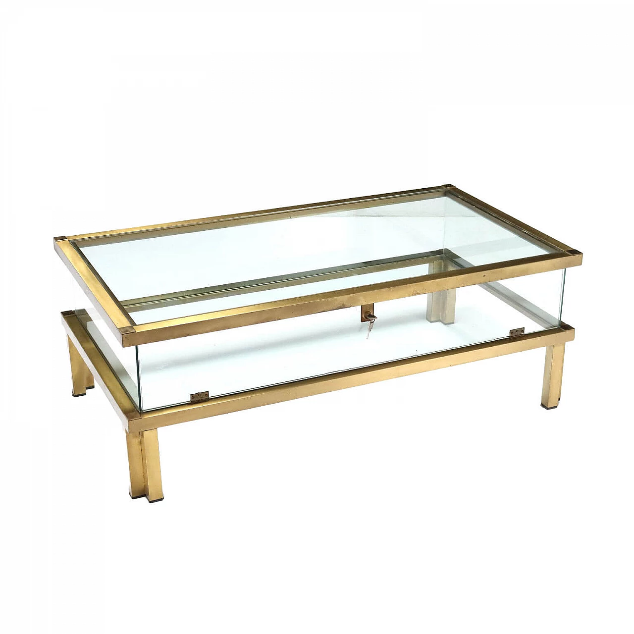 Glass and brass coffee table with drop-down opening, 1960s 1