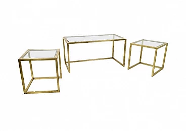 3 Tavolini a nido d'ape in ottone, acciaio e vetro di Romeo Rega, anni '70