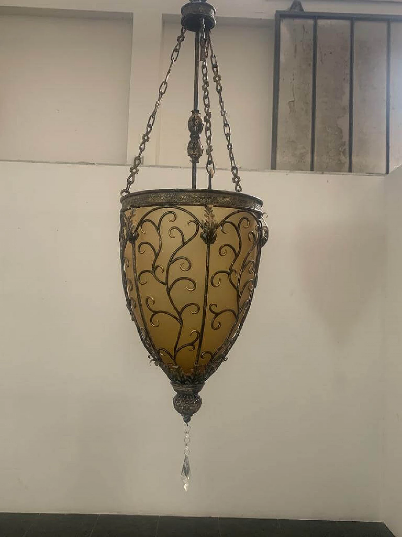 Gilt iron and yellow glass lantern, 1970s 1