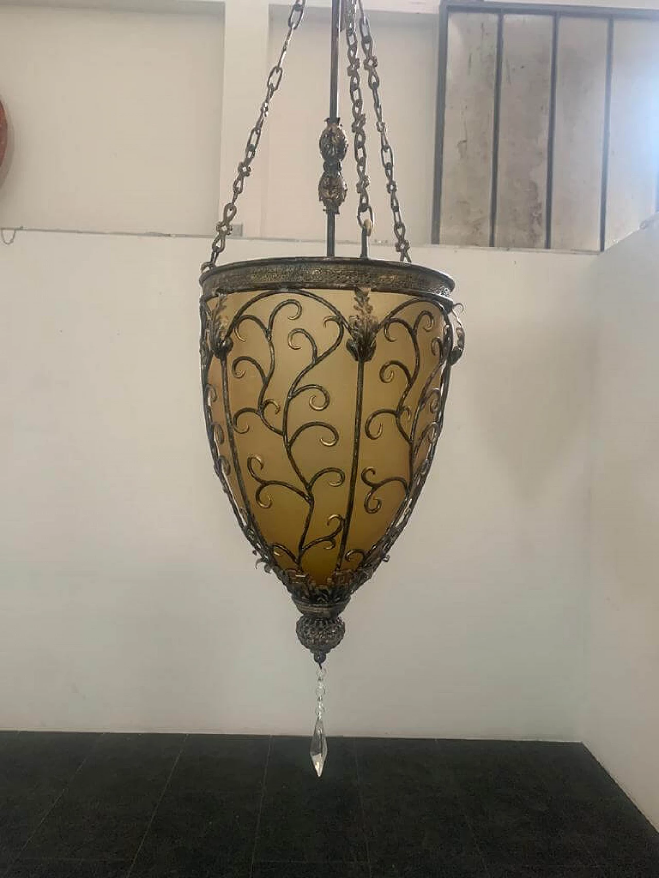 Gilt iron and yellow glass lantern, 1970s 2