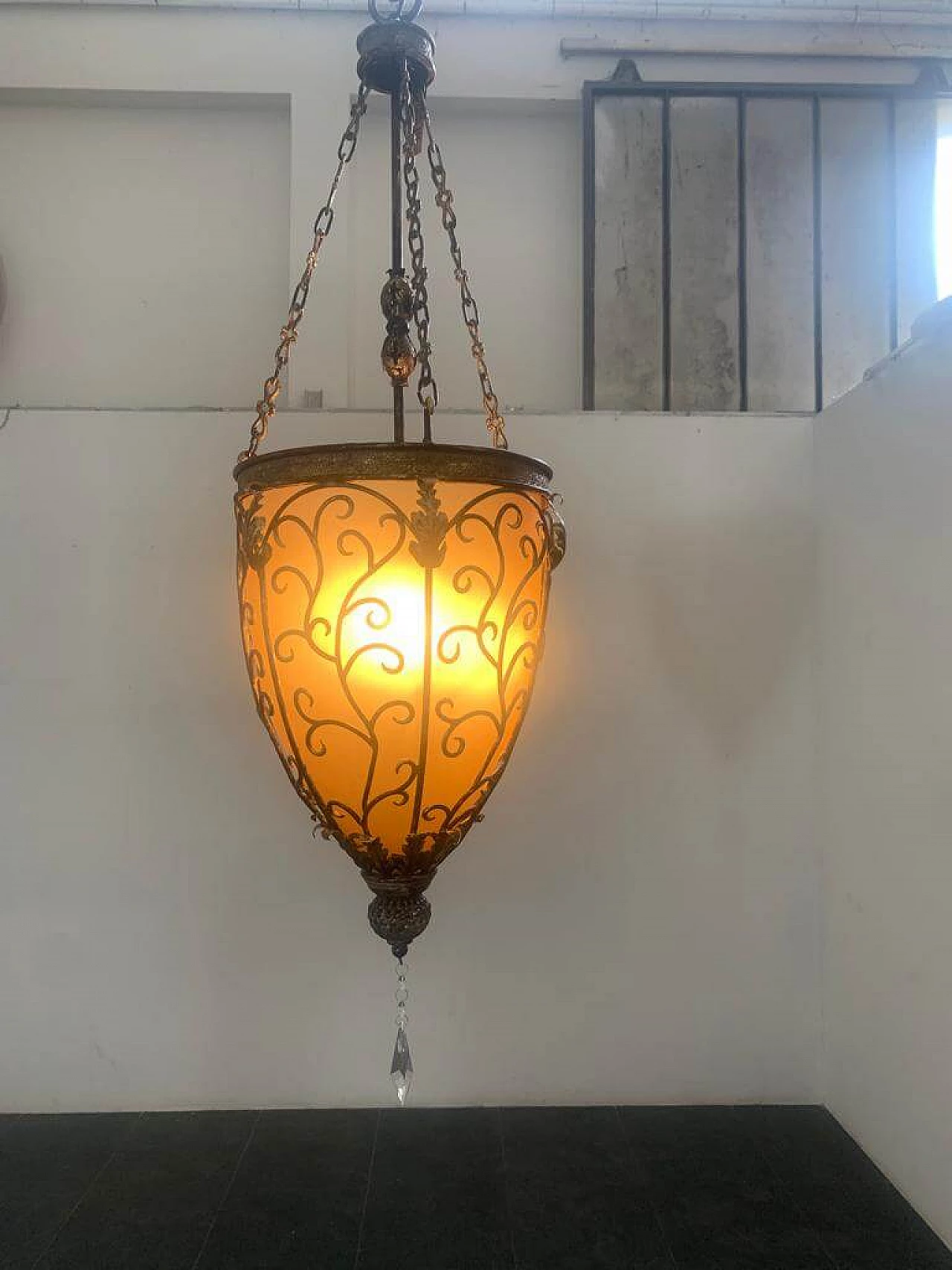 Gilt iron and yellow glass lantern, 1970s 9