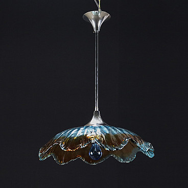 Lampada da soffitto in vetro soffiato e metallo cromato, anni '70