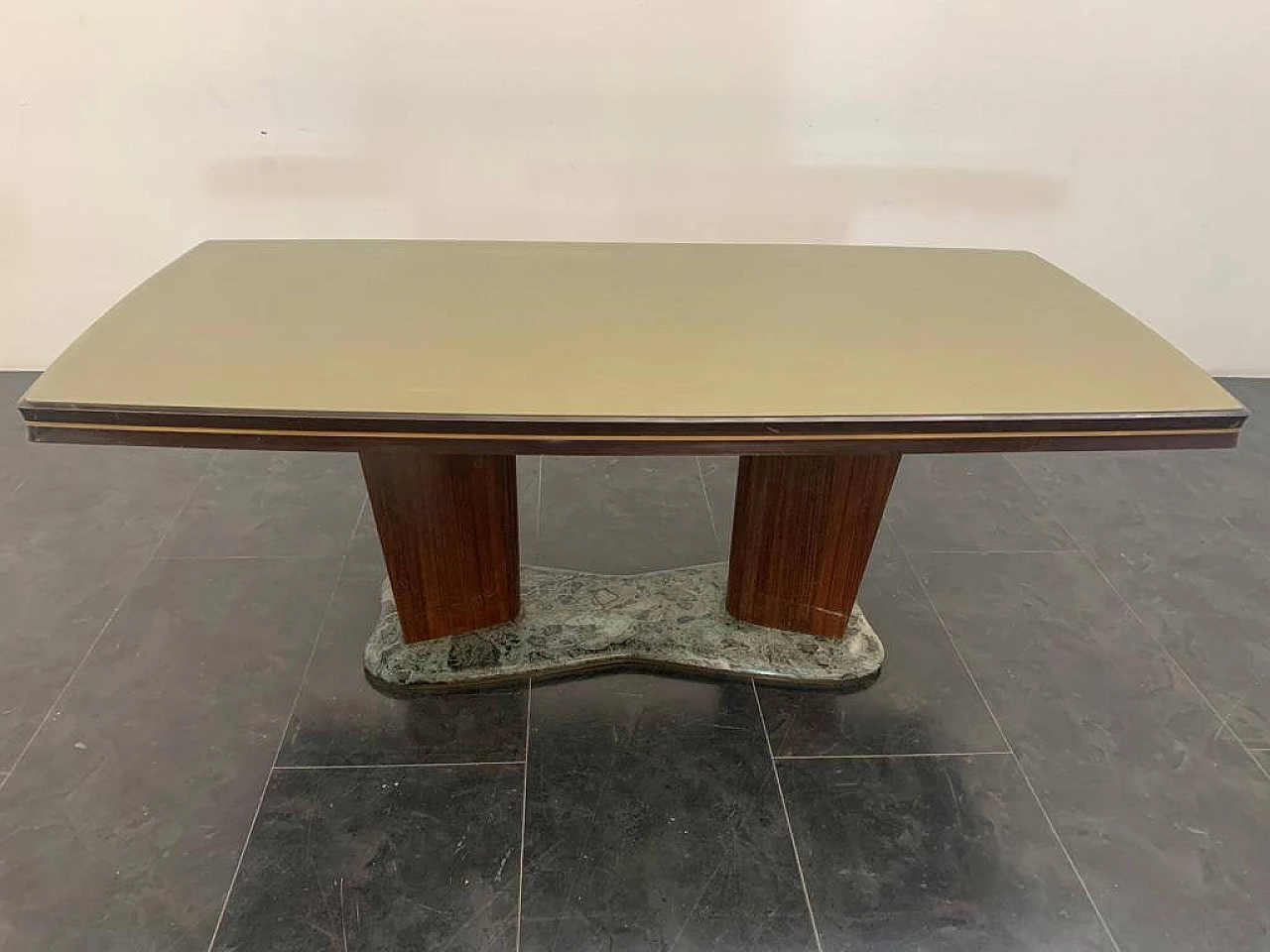 Rosewood table with glass top and green Alpi marble base by Vittorio Dassi for Dassi, 1950s 3