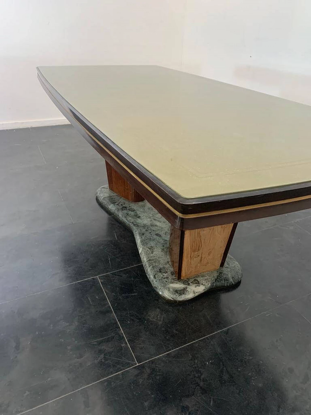 Rosewood table with glass top and green Alpi marble base by Vittorio Dassi for Dassi, 1950s 4