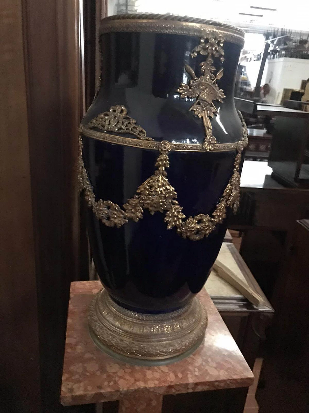 Blue vase on red marble column in Napoleon III style, early 20th century 4