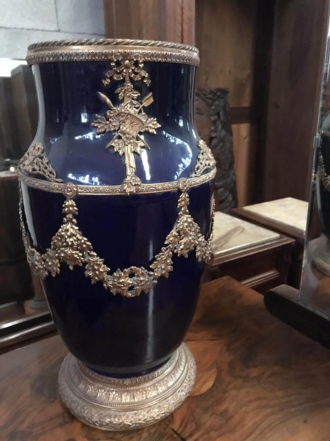Blue vase on red marble column in Napoleon III style, early 20th century 7
