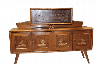 Wooden sideboard with decorated glass panel, 19th century