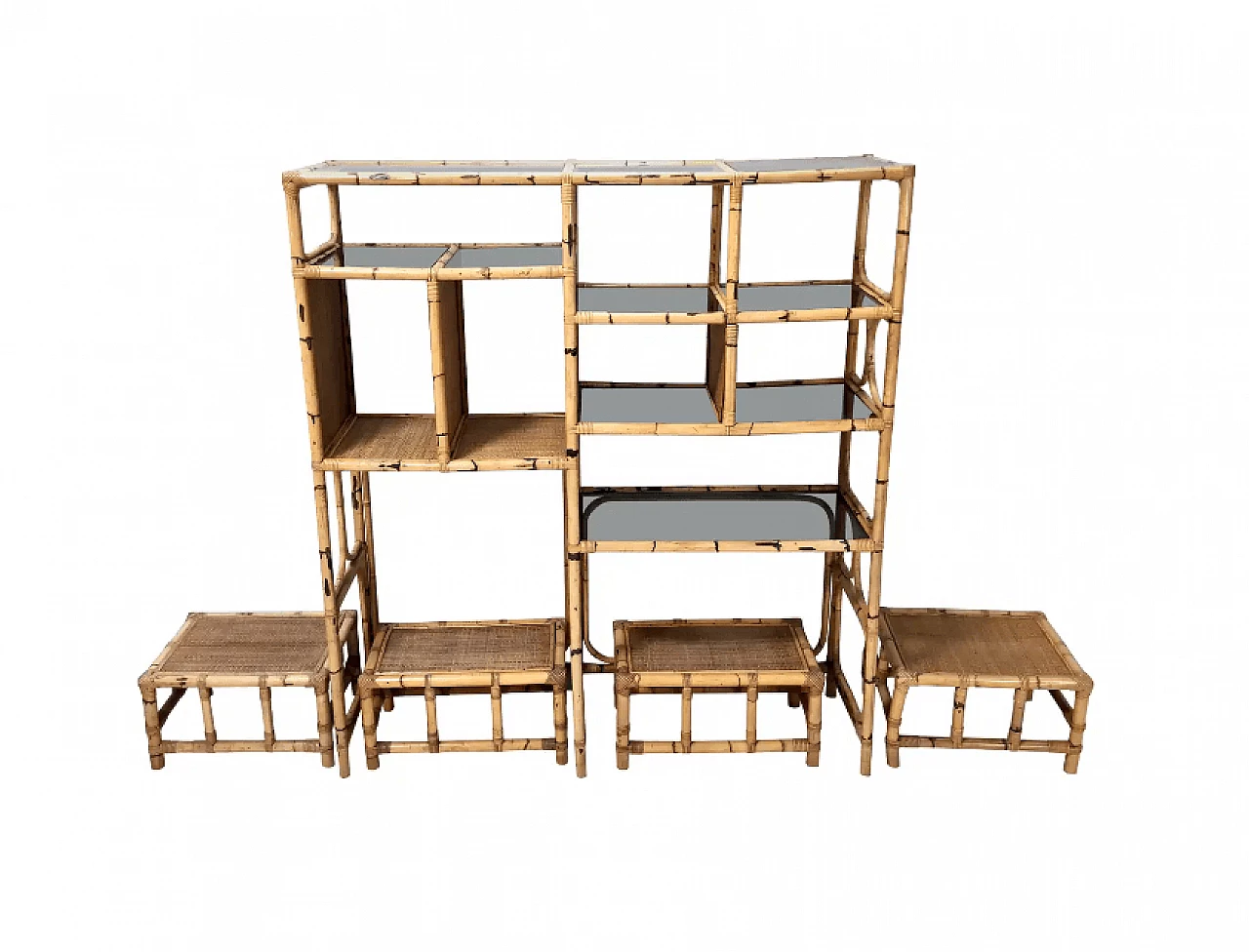 Bamboo bookcase with smoked glass shelves and four stools, 1970s 1