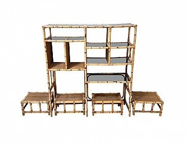 Bamboo bookcase with smoked glass shelves and four stools, 1970s