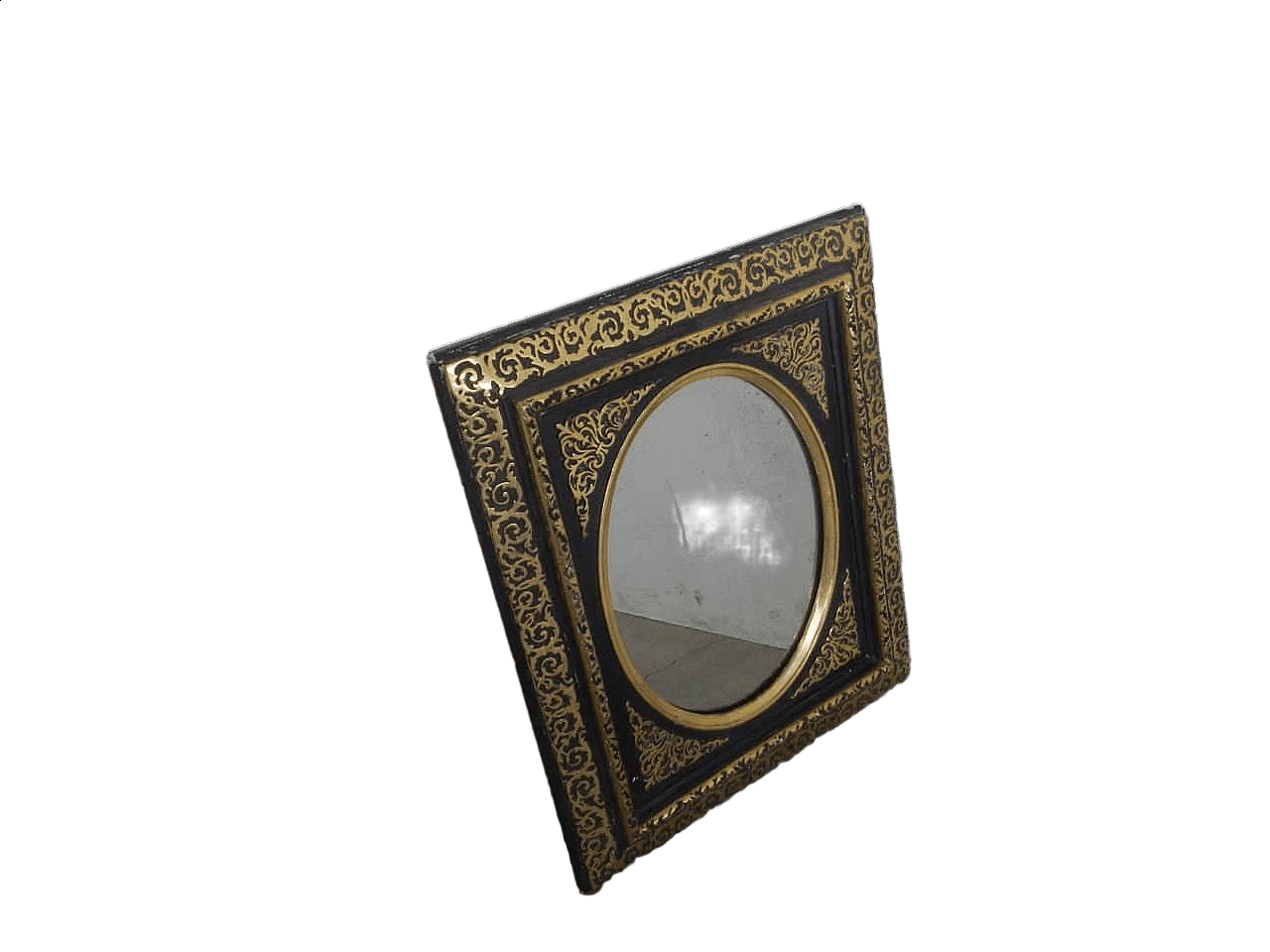 Specchio ovale in cornice rettangolare di abete intarsiato, anni '60 14