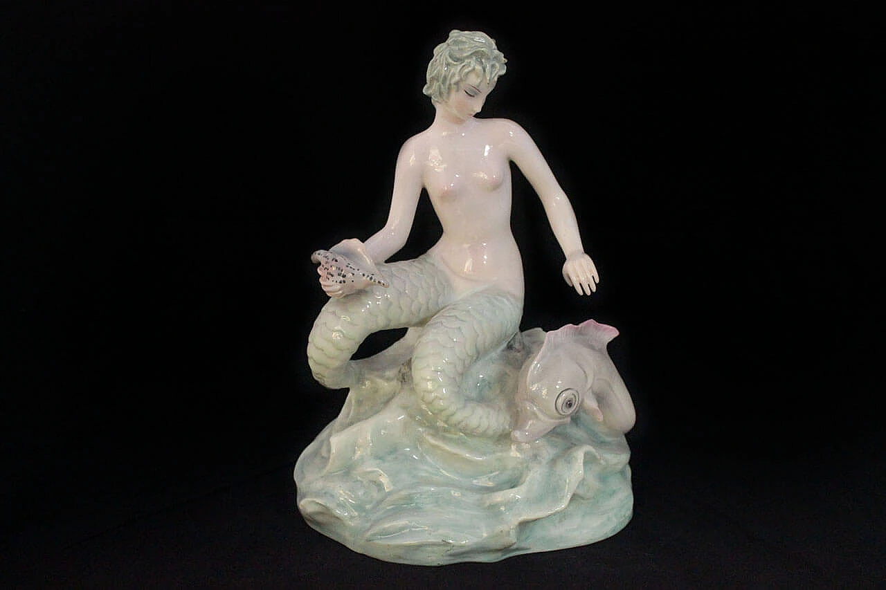 Ceramic sculpture depicting bicaudate mermaid by Le Bertetti, 1930s 1