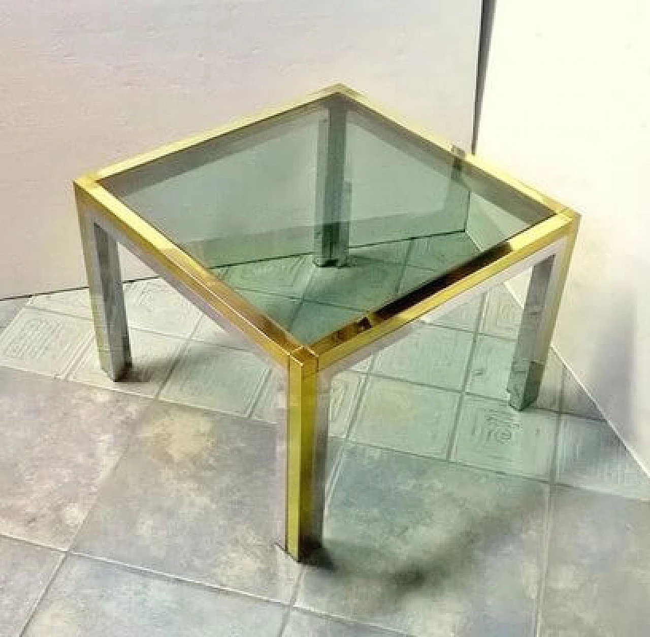 Square side table in two-tone brass and smoked glass, 1960s 2