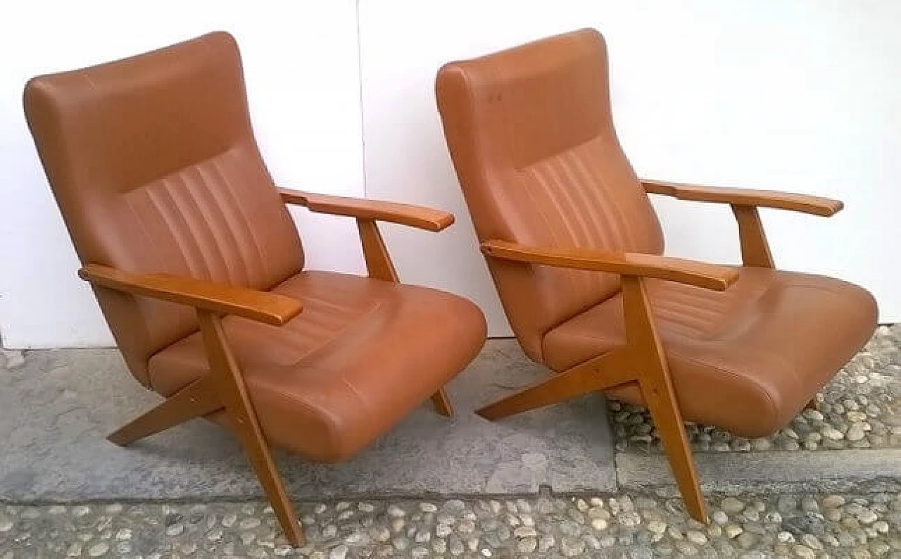Pair of beech and brown leatherette reclining armchairs, 1960s 1