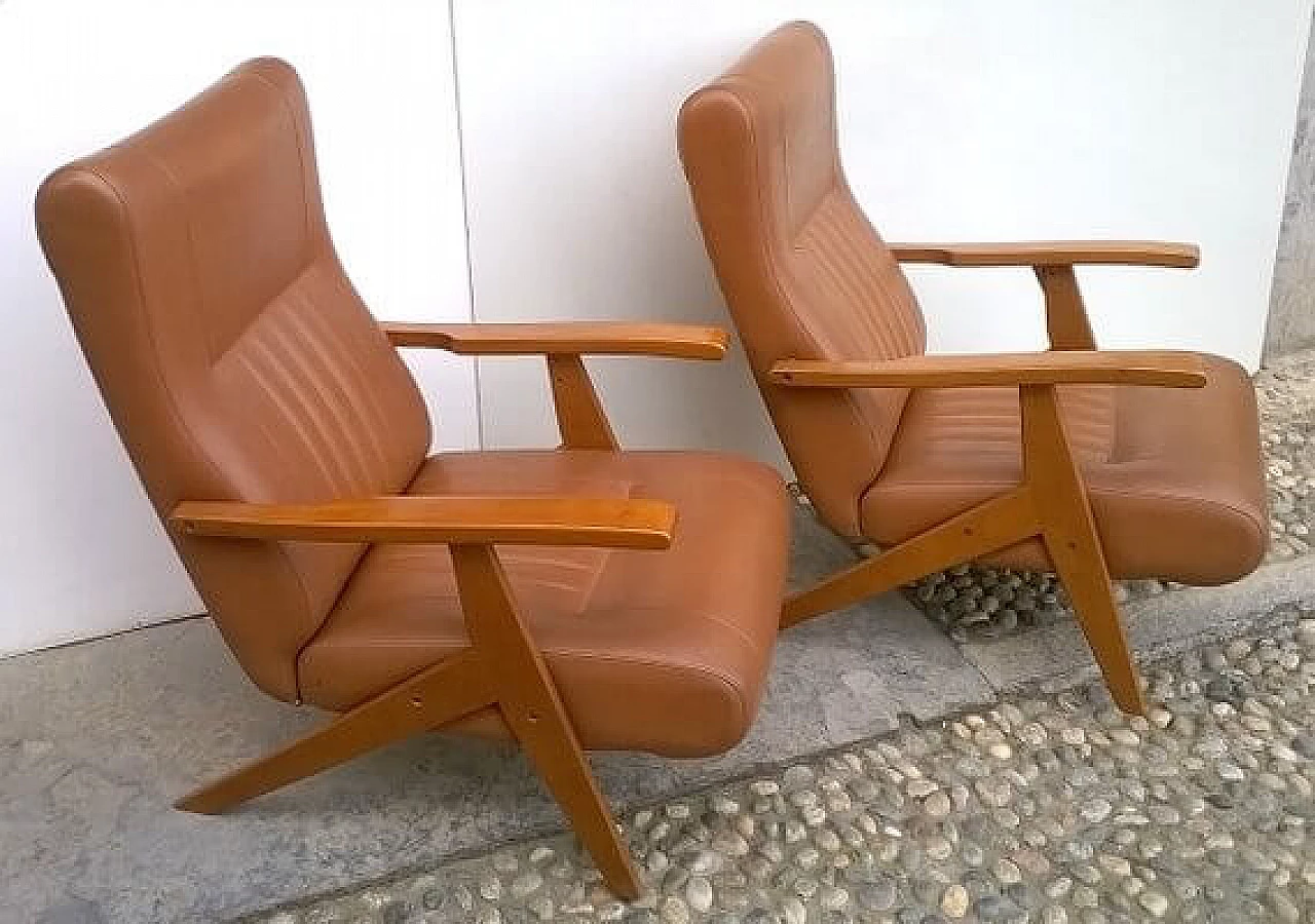 Pair of beech and brown leatherette reclining armchairs, 1960s 2