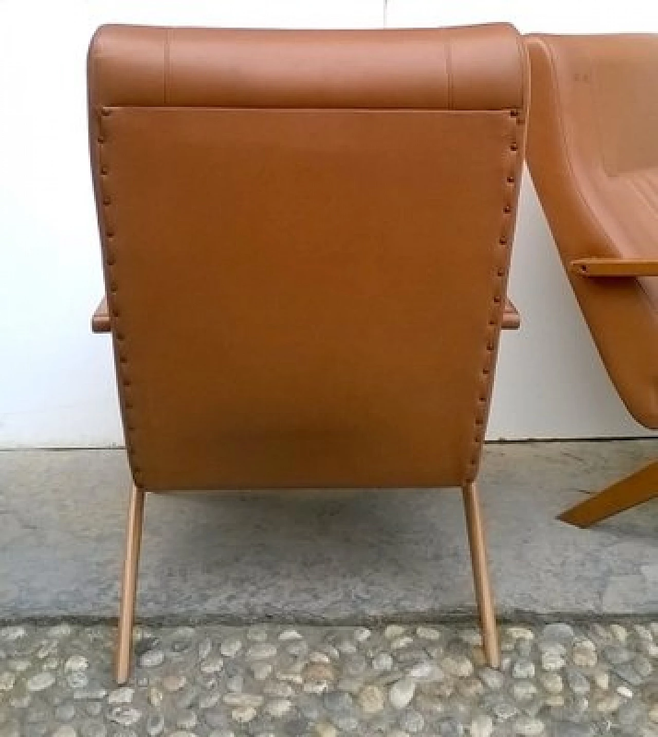 Pair of beech and brown leatherette reclining armchairs, 1960s 3