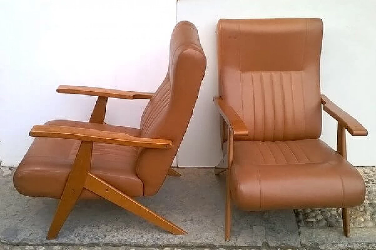 Pair of beech and brown leatherette reclining armchairs, 1960s 4