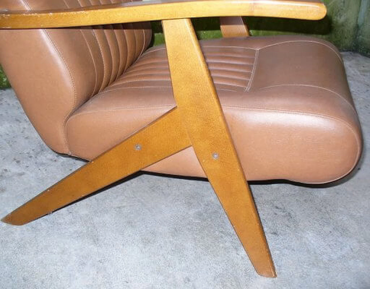 Pair of beech and brown leatherette reclining armchairs, 1960s 6