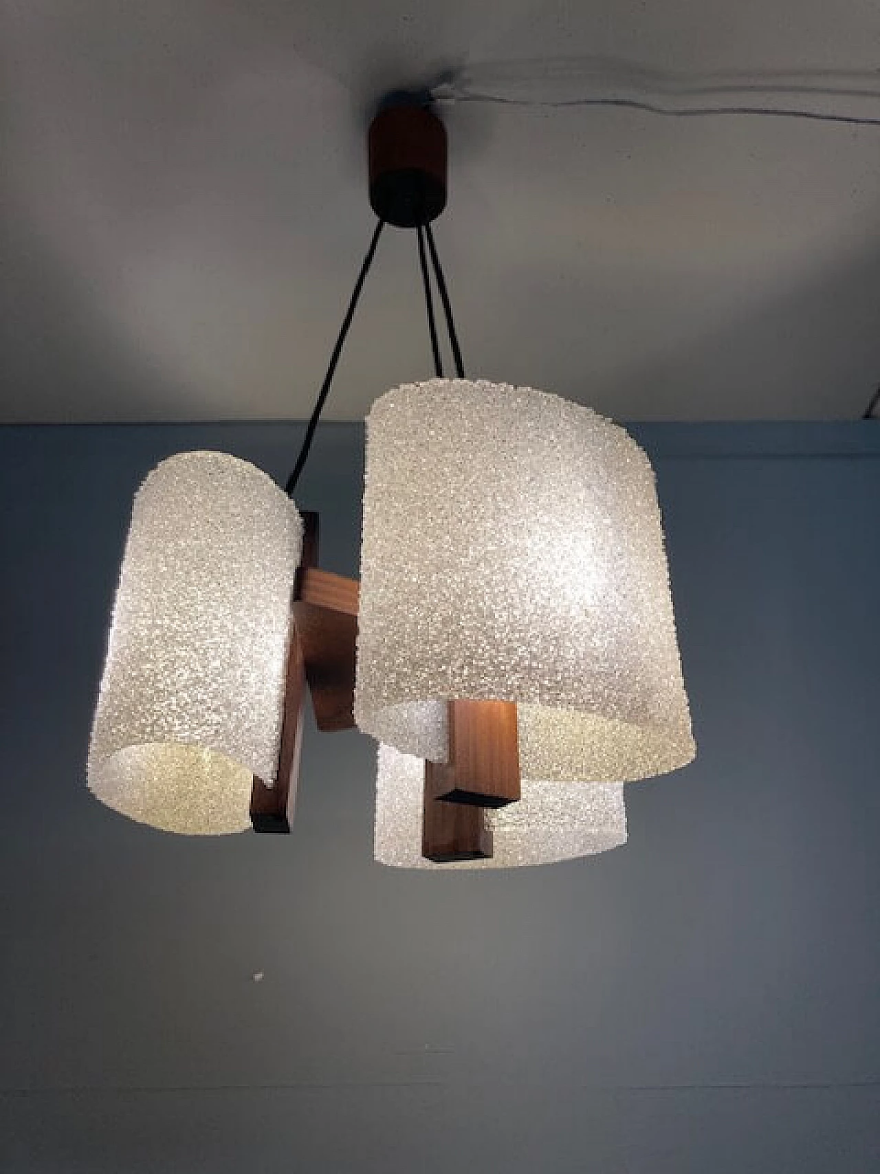 Solid teak three-light pendant chandelier, 1970s 2