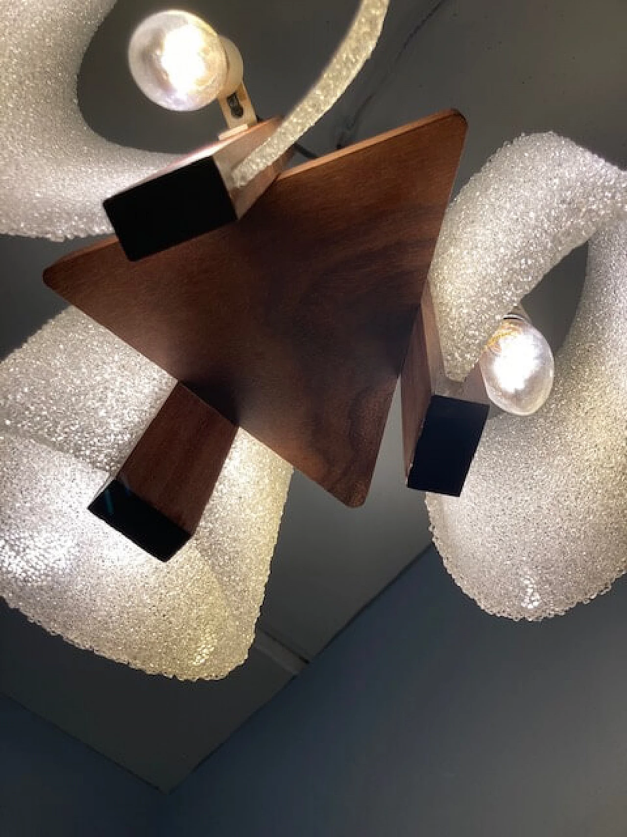 Solid teak three-light pendant chandelier, 1970s 5
